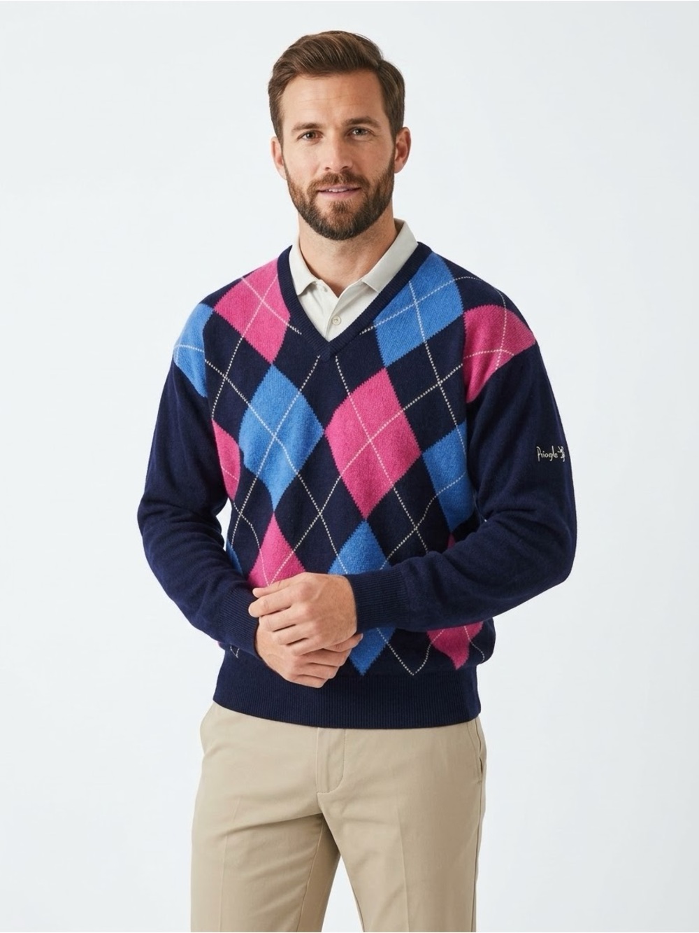 VTG Pringle Sports Scotland Wool Argyle V-Neck Sweater Small Navy Blue Pink